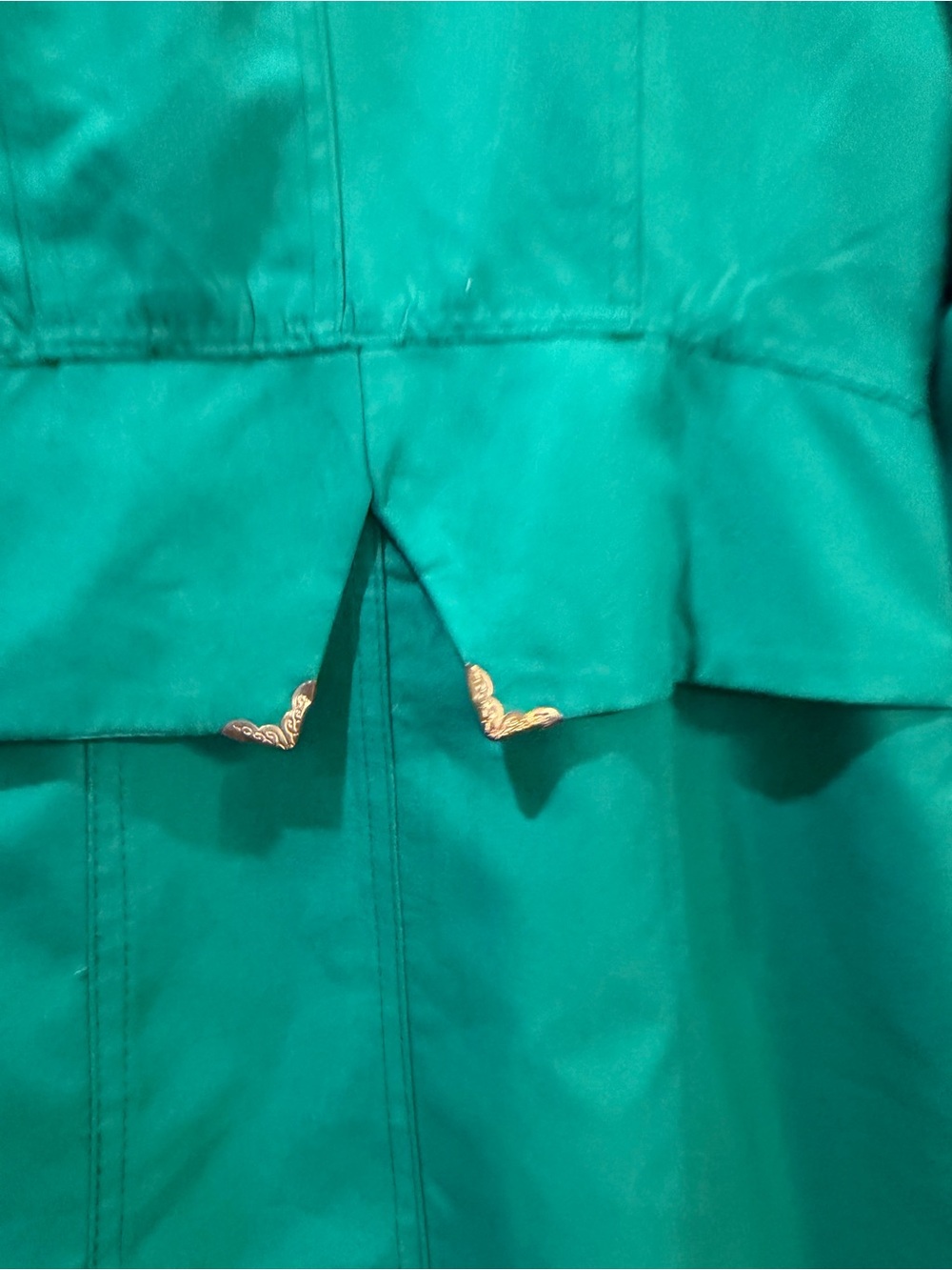 Size 2. Green Double-Breasted Trench Coat. Navy accented pockets. Silver buttons - Picture 7 of 13
